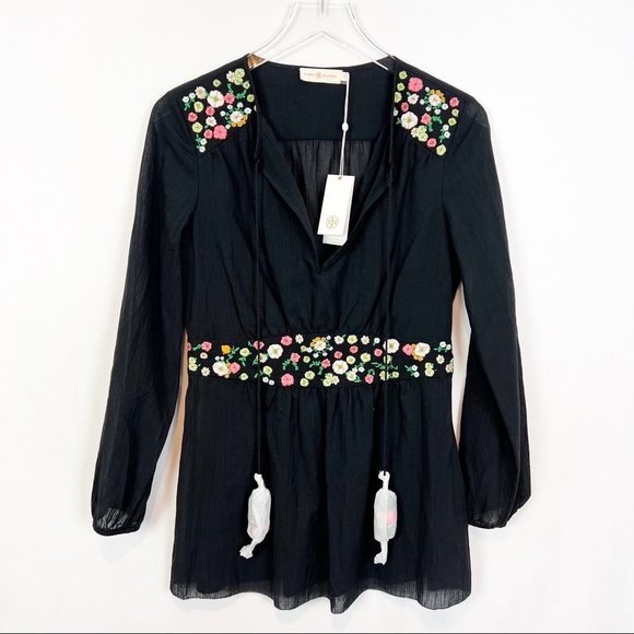 Tory Burch NWT linen black floral embroidered tunic top 4 - Picture 2 of 7
